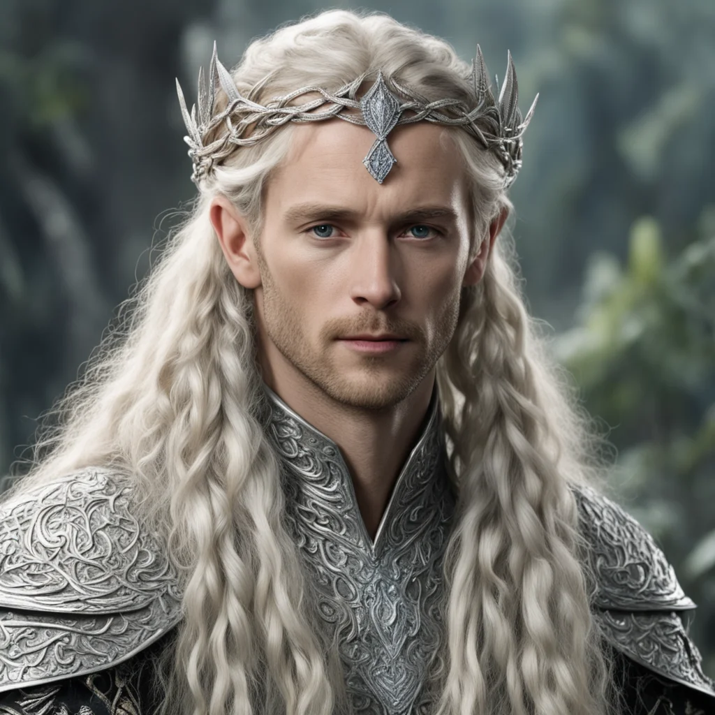 tolkien king amdir with blond hair and braids wearing silver beech leaf encrusted with diamonds forming silver serpentine elvish circlet with large center diamond confident engaging wow artstation a