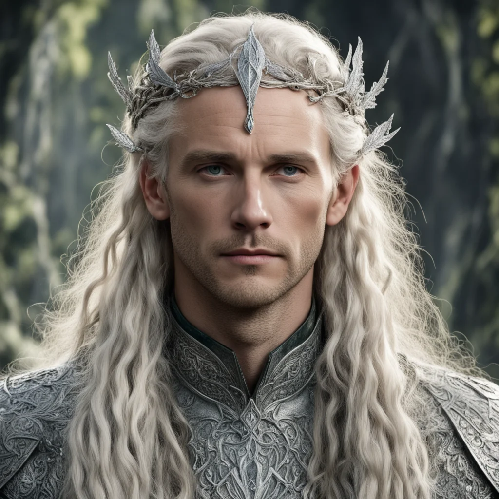 tolkien king amdir with blond hair and braids wearing silver beech leaf encrusted with diamonds forming silver serpentine elvish circlet with large center diamond good looking trending fantastic 1.w