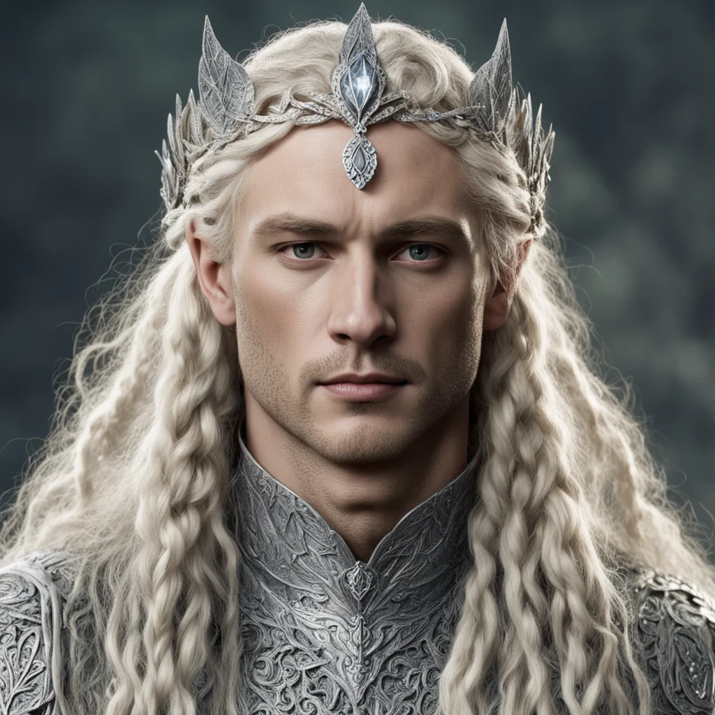 aitolkien king amdir with blond hair and braids wearing silver beech leaf encrusted with diamonds forming silver serpentine elvish circlet with large center diamond