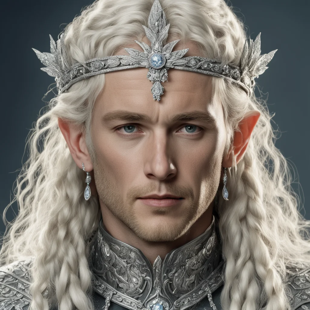 tolkien king amdir with blond hair and braids wearing silver flower encrusted with diamonds forming a silver elvish circlet encrusted with diamonds with large center diamond  amazing awesome portrai