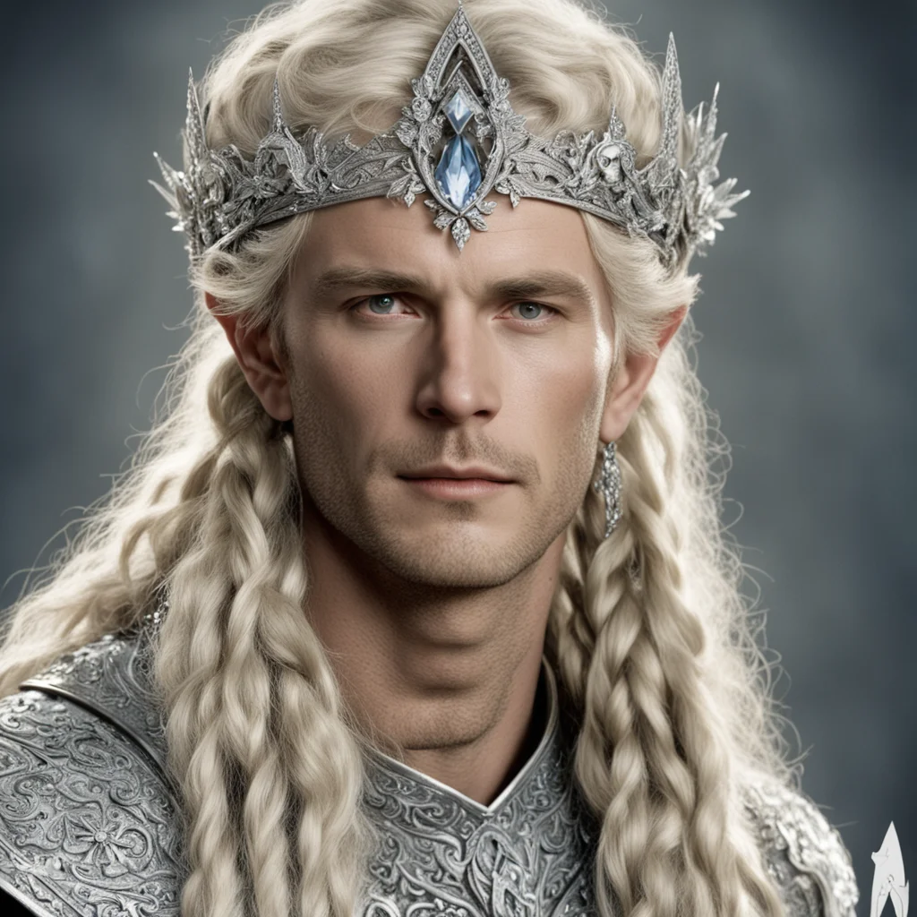 tolkien king amdir with blond hair and braids wearing silver flower encrusted with diamonds forming a silver elvish circlet encrusted with diamonds with large center diamond  confident engaging wow 