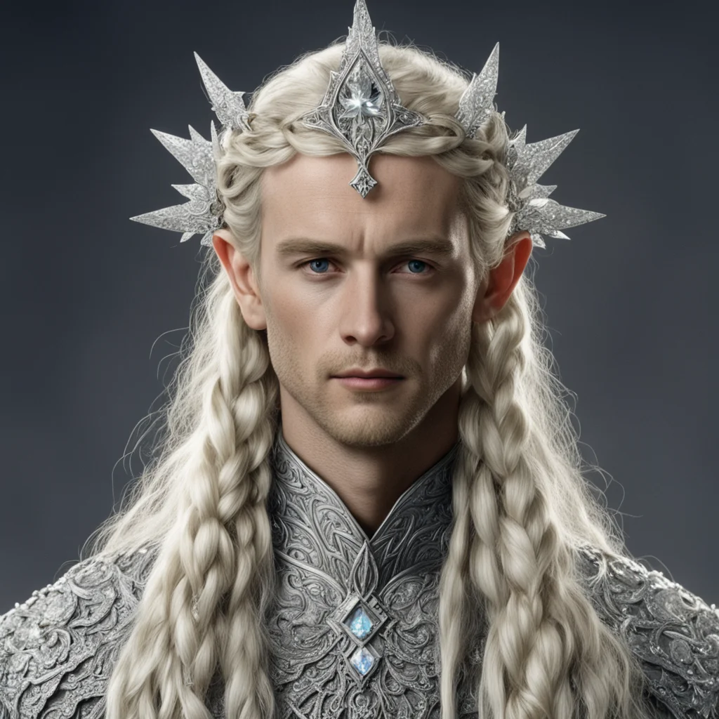 tolkien king amdir with blond hair and braids wearing silver flower encrusted with diamonds forming a silver elvish circlet encrusted with diamonds with large center diamond  good looking trending f