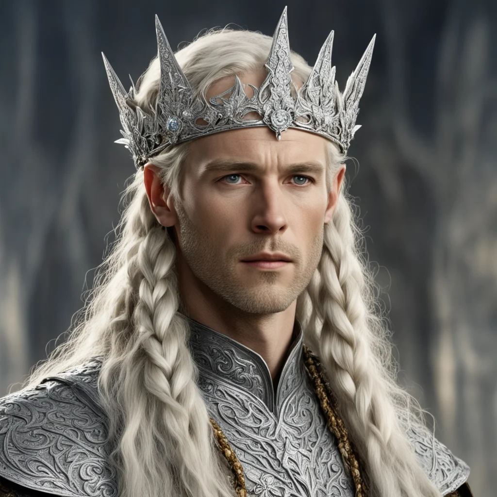 aitolkien king amdir with blond hair and braids wearing silver flower encrusted with diamonds forming a silver elvish circlet encrusted with diamonds with large center diamond 
