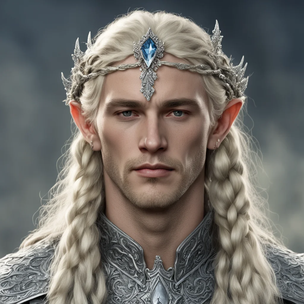 aitolkien king amdir with blond hair and braids wearing silver flower serpentine sindarin elvish circlet encrusted with diamonds with large center diamond  confident engaging wow artstation art 3