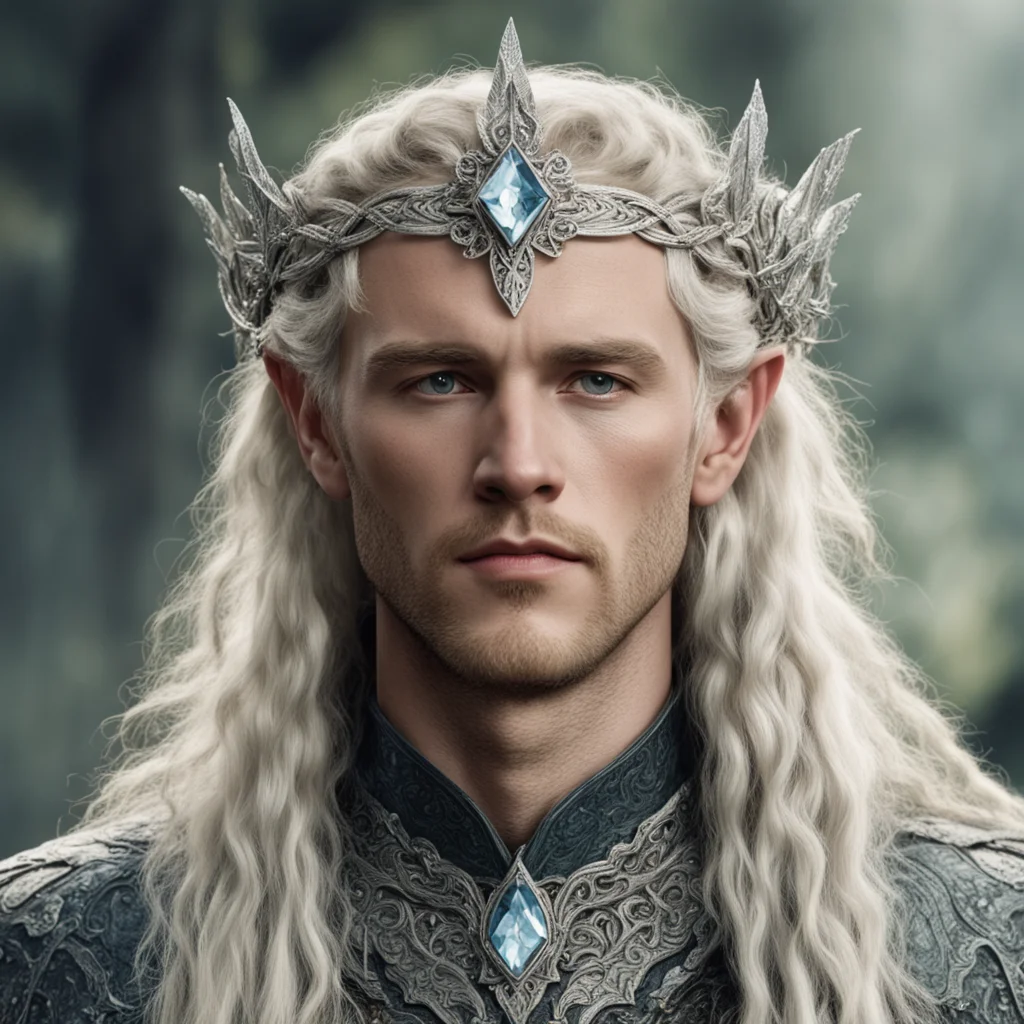 aitolkien king amdir with blond hair and braids wearing silver flower serpentine sindarin elvish circlet encrusted with diamonds with large center diamond  good looking trending fantastic 1
