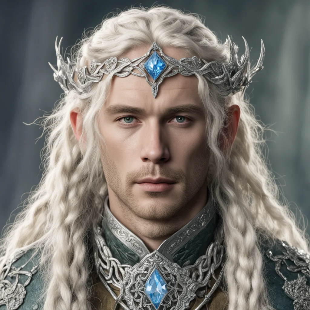 aitolkien king amdir with blond hair and braids wearing silver flower serpentine sindarin elvish circlet encrusted with diamonds with large center diamond 