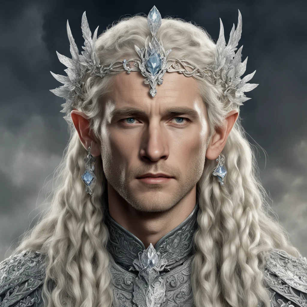 tolkien king amdir with blond hair and braids wearing silver flowers encrusted with diamonds forming a silver serpentine elvish circlet encrusted with diamonds with large center diamond amazing awes