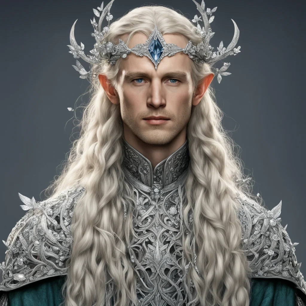 aitolkien king amdir with blond hair and braids wearing silver flowers encrusted with diamonds forming a silver serpentine elvish circlet encrusted with diamonds with large center diamond