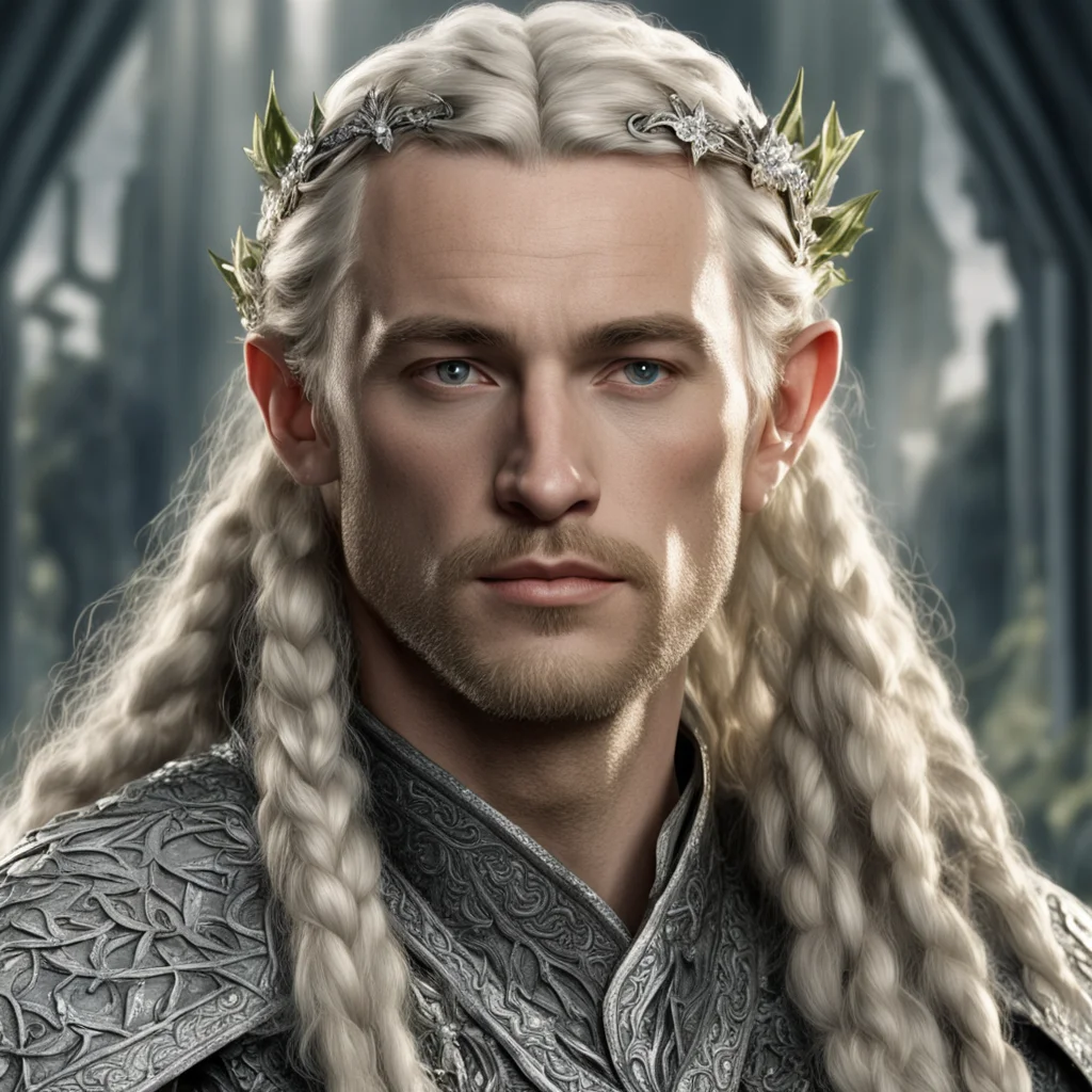 aitolkien king amdir with blond hair and braids wearing silver holly leaves encrusted with diamonds with large center diamond good looking trending fantastic 1