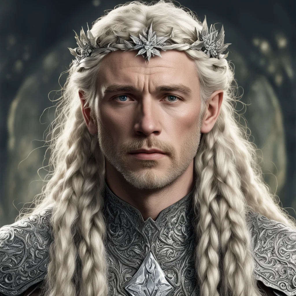 tolkien king amdir with blond hair and braids wearing silver holly leaves encrusted with diamonds with large center diamond