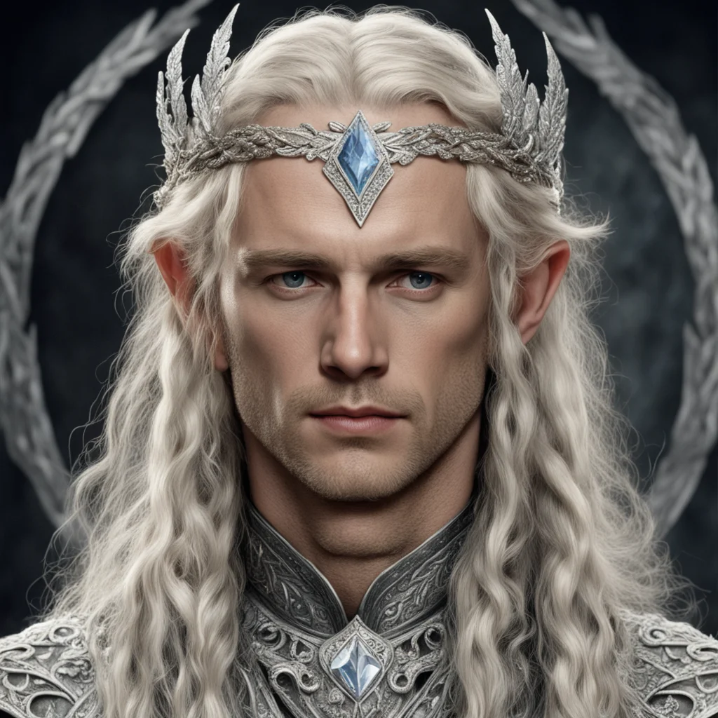 aitolkien king amdir with blond hair and braids wearing silver laurel leaves encrusted with diamonds with clusters of diamonds to form a silver elvish circlet with large center diamond