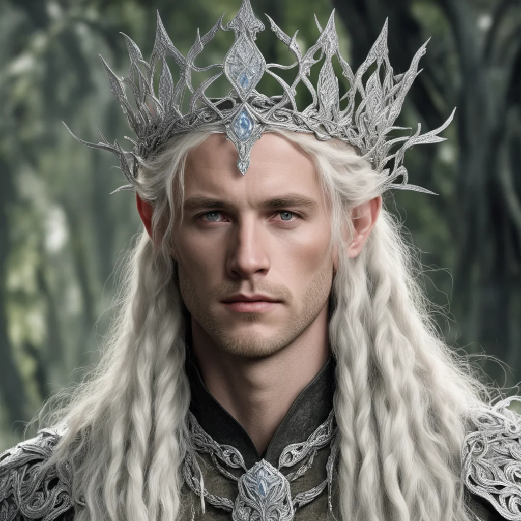 tolkien king amdir with blond hair and braids wearing silver leafy vines encrusted with diamonds to form silver elvish circlet with large center diamond amazing awesome portrait 2