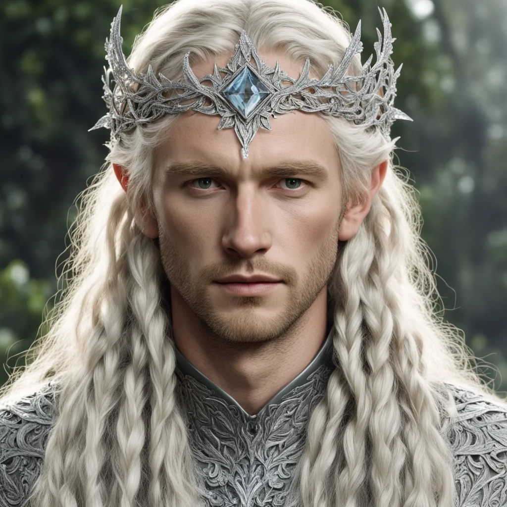 tolkien king amdir with blond hair and braids wearing silver leafy vines encrusted with diamonds to form silver elvish circlet with large center diamond confident engaging wow artstation art 3