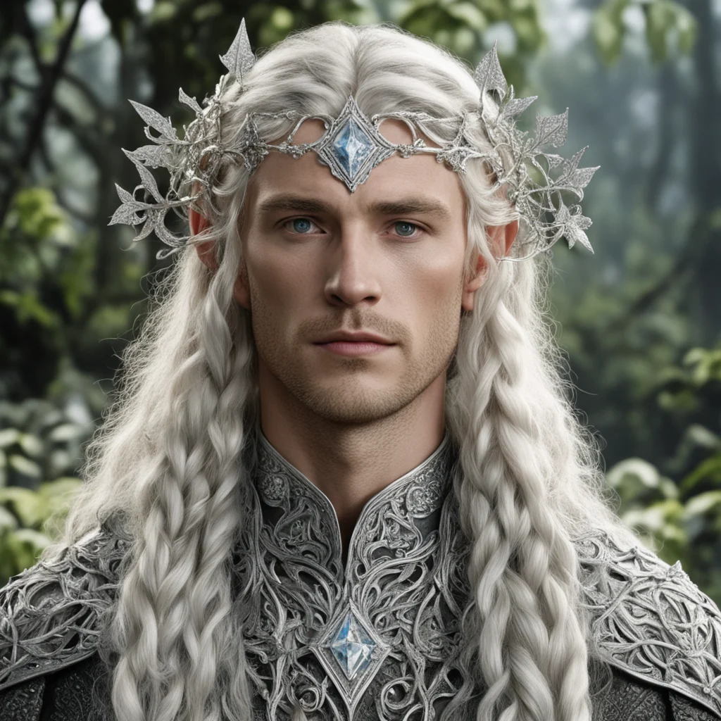 aitolkien king amdir with blond hair and braids wearing silver leafy vines encrusted with diamonds to form silver elvish circlet with large center diamond good looking trending fantastic 1
