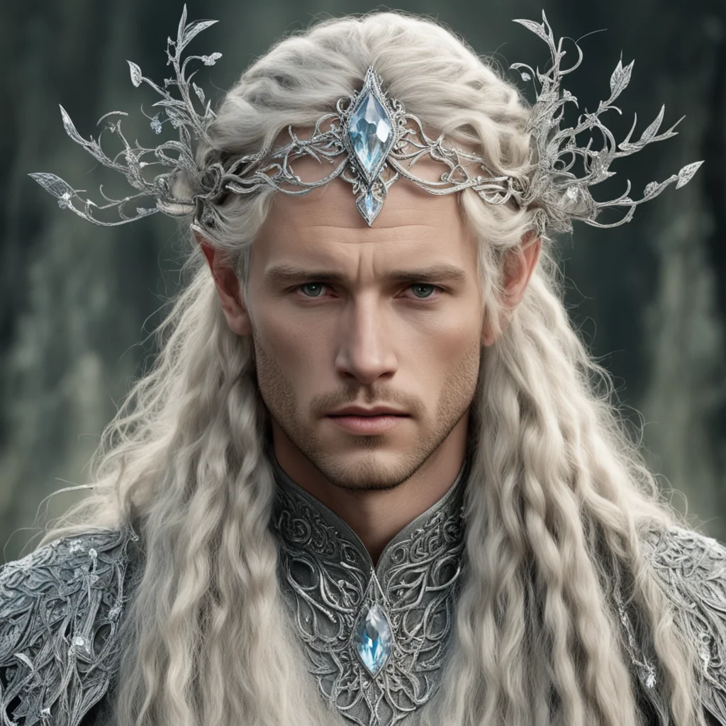 aitolkien king amdir with blond hair and braids wearing silver leafy vines encrusted with diamonds to form silver elvish circlet with large center diamond
