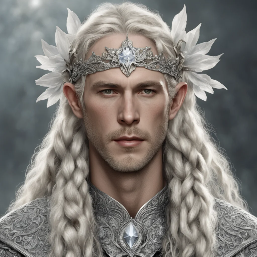 aitolkien king amdir with blond hair and braids wearing silver orchids encrusted with diamonds forming a silver elvish circlet with large center diamond  amazing awesome portrait 2
