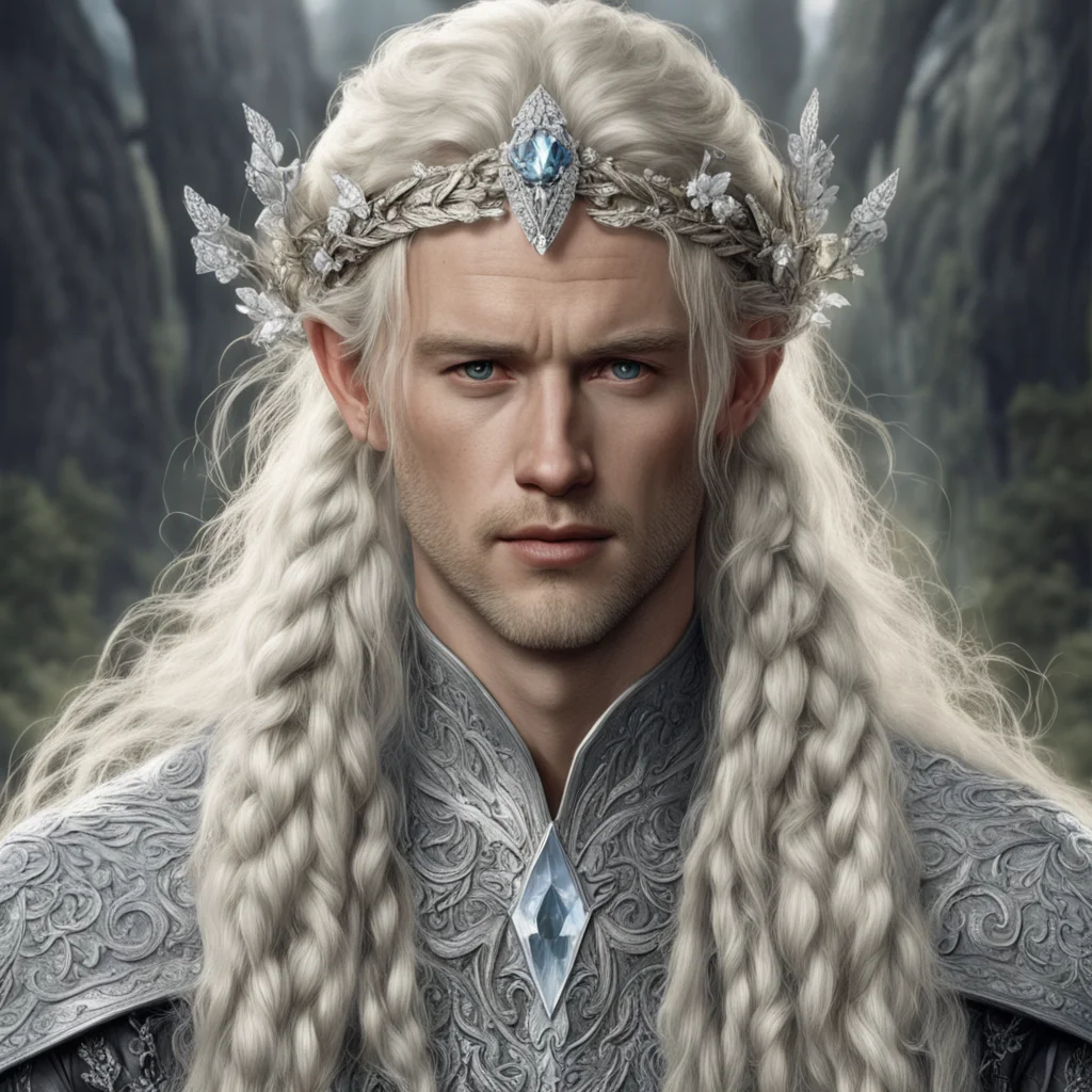 aitolkien king amdir with blond hair and braids wearing silver orchids encrusted with diamonds forming a silver elvish circlet with large center diamond  good looking trending fantastic 1