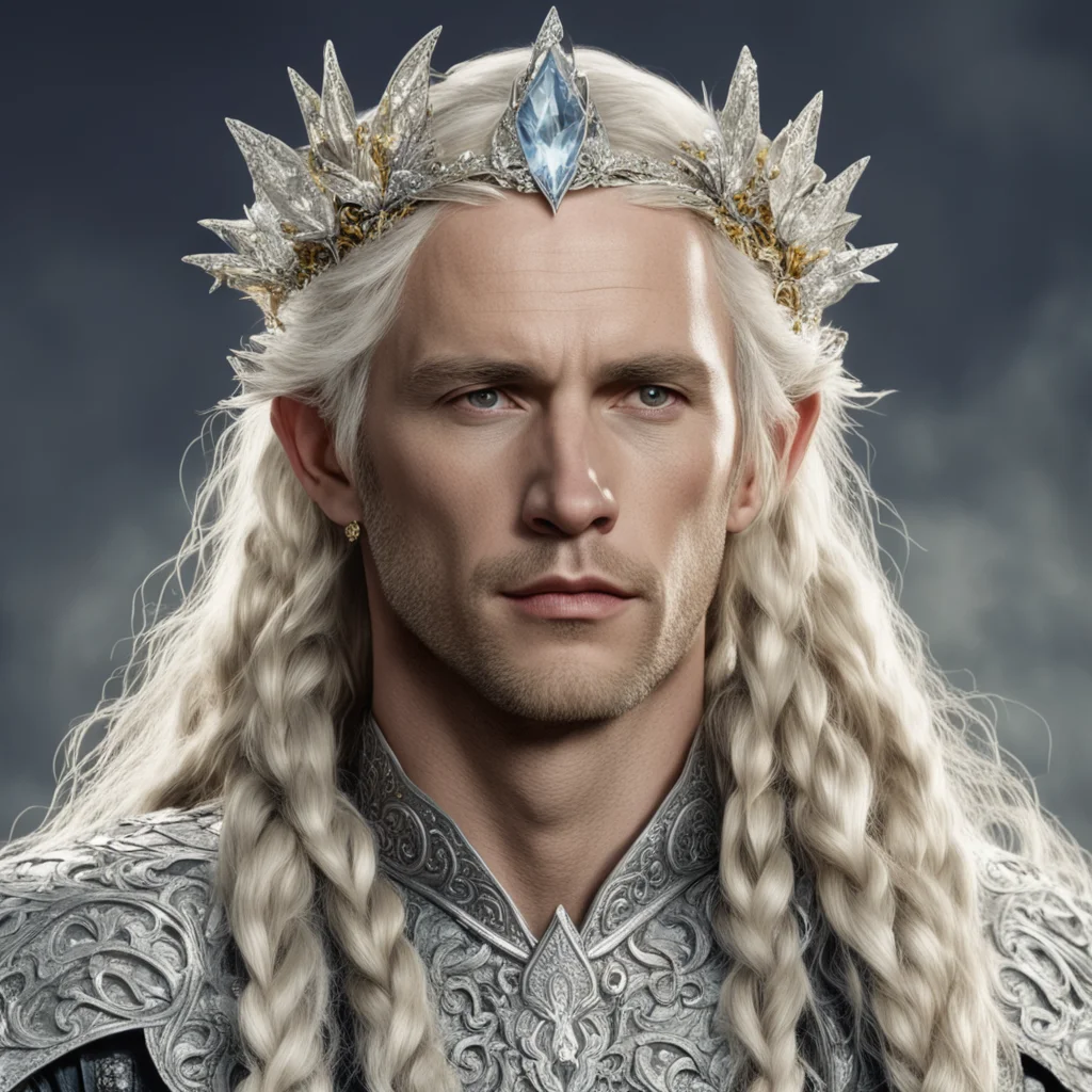 aitolkien king amdir with blond hair and braids wearing silver orchids encrusted with diamonds forming a silver elvish circlet with large center diamond 