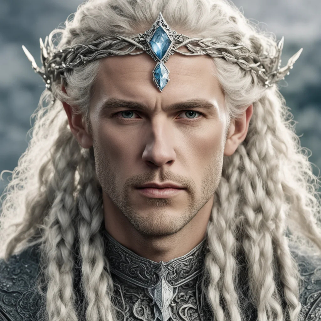 aitolkien king amdir with blond hair and braids wearing silver serpentine elvish circlet encrusted with diamonds with large center diamond  good looking trending fantastic 1