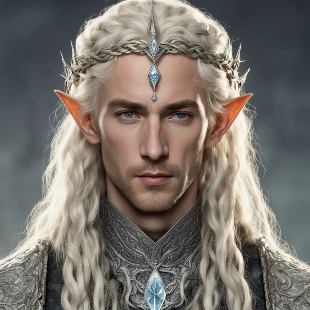 aitolkien king amdir with blond hair and braids wearing silver serpentine elvish circlet encrusted with diamonds with large center diamond 