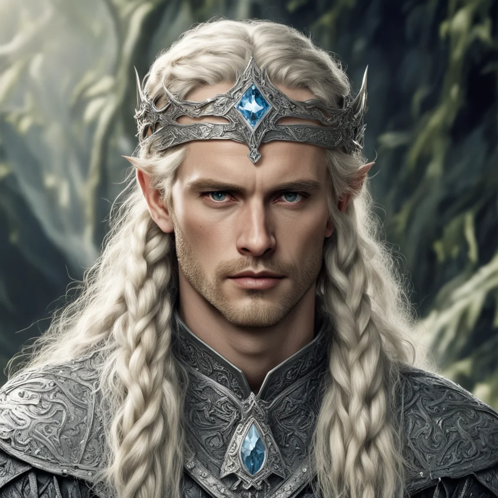 aitolkien king amdir with blond hair and braids wearing silver serpentine elvish circlet encrusted with diamonds with large center diamond good looking trending fantastic 1