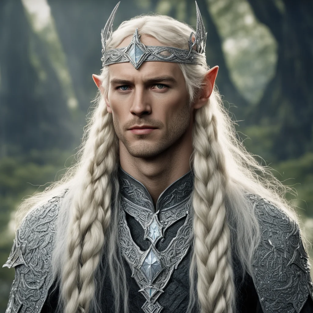 tolkien king amdir with blond hair and braids wearing silver serpentine elvish circlet encrusted with diamonds with large center diamond
