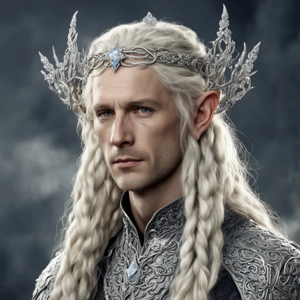 aitolkien king amdir with blond hair and braids wearing silver serpentine flowers encrusted with diamonds intertwined to form a silver sindarin elvish circlet with large center diamond 