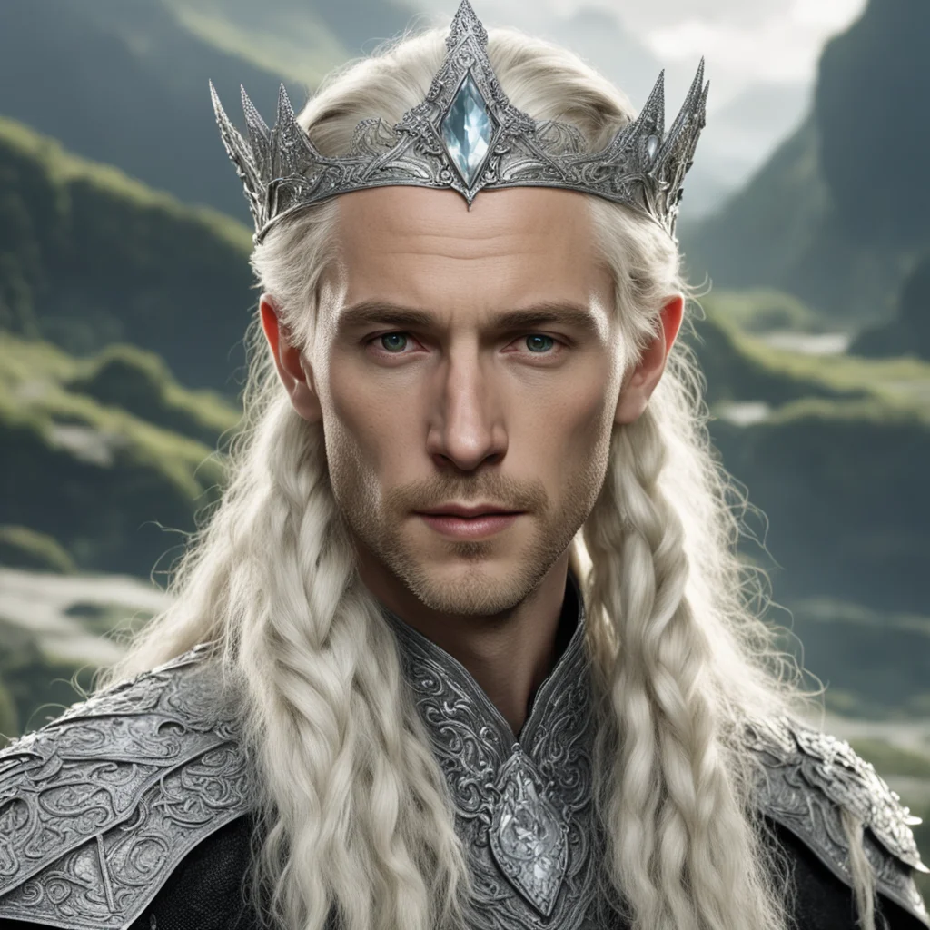 tolkien king amdir with blond hair and braids wearing silver serpentine nandorin elvish circlet encrusted with diamonds with large center diamond  amazing awesome portrait 2