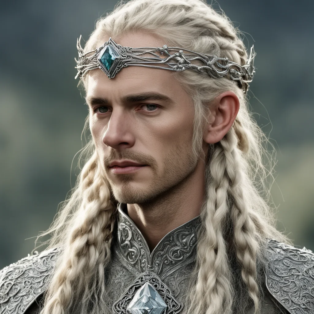 tolkien king amdir with blond hair and braids wearing silver serpentine nandorin elvish circlet encrusted with diamonds with large center diamond  confident engaging wow artstation art 3