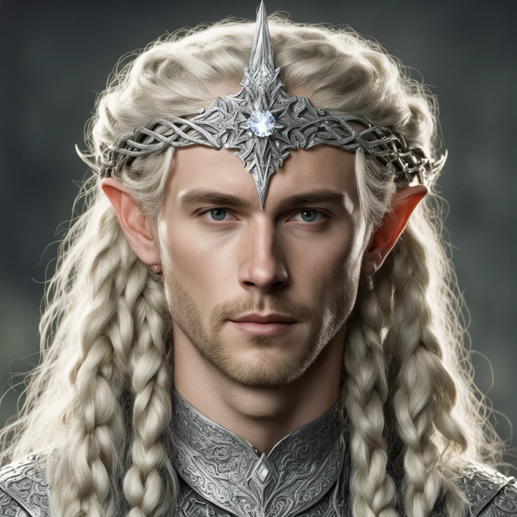 tolkien king amdir with blond hair and braids wearing silver serpentine nandorin elvish circlet encrusted with diamonds with large center diamond  good looking trending fantastic 1