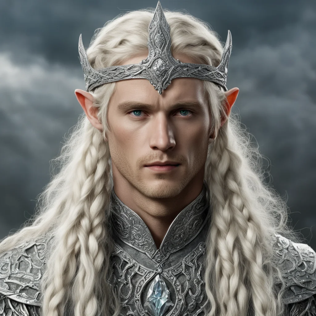 tolkien king amdir with blond hair and braids wearing silver serpentine nandorin elvish circlet encrusted with diamonds with large center diamond 