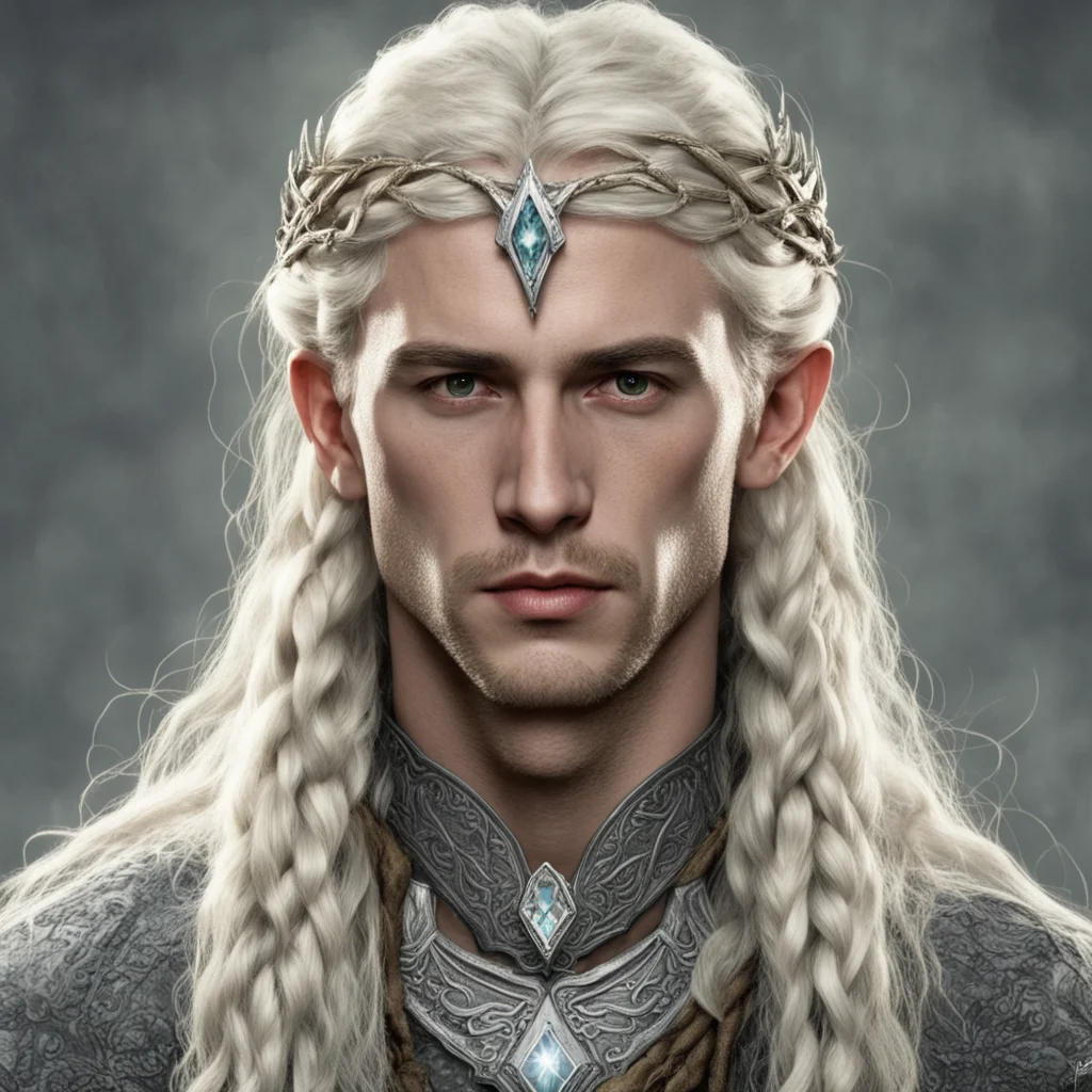 aitolkien king amdir with blond hair and braids wearing silver serpentine sindarin elvish circlet with large center diamond