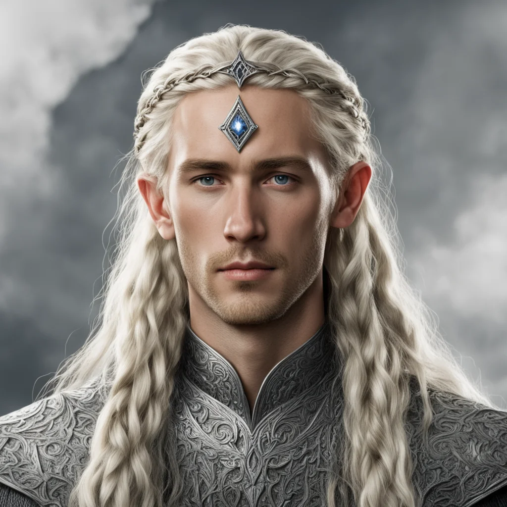 aitolkien king amdir with blond hair and braids wearing silver sindarin elvish circlet with center diamond good looking trending fantastic 1