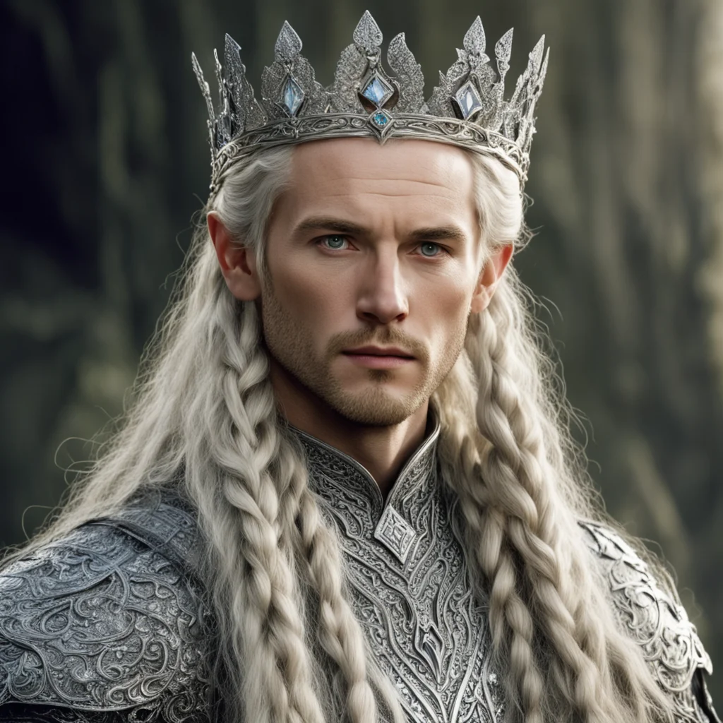 aitolkien king amdir with blond hair and braids wearing silver sindarin elvish crown encrusted with diamonds with large center diamond  amazing awesome portrait 2