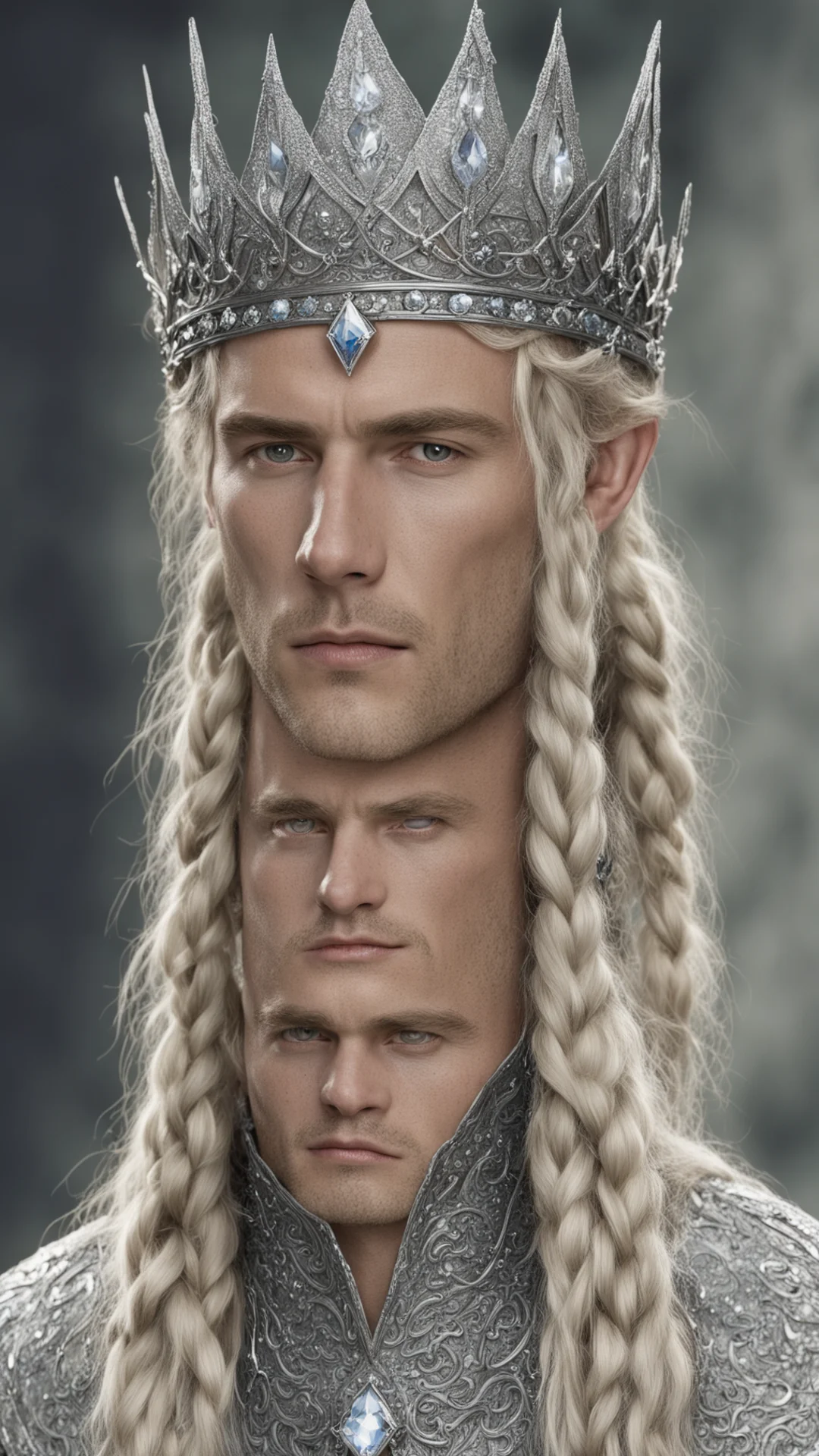 aitolkien king amdir with blond hair and braids wearing silver sindarin elvish crown encrusted with diamonds with large center diamond  good looking trending fantastic 1 tall