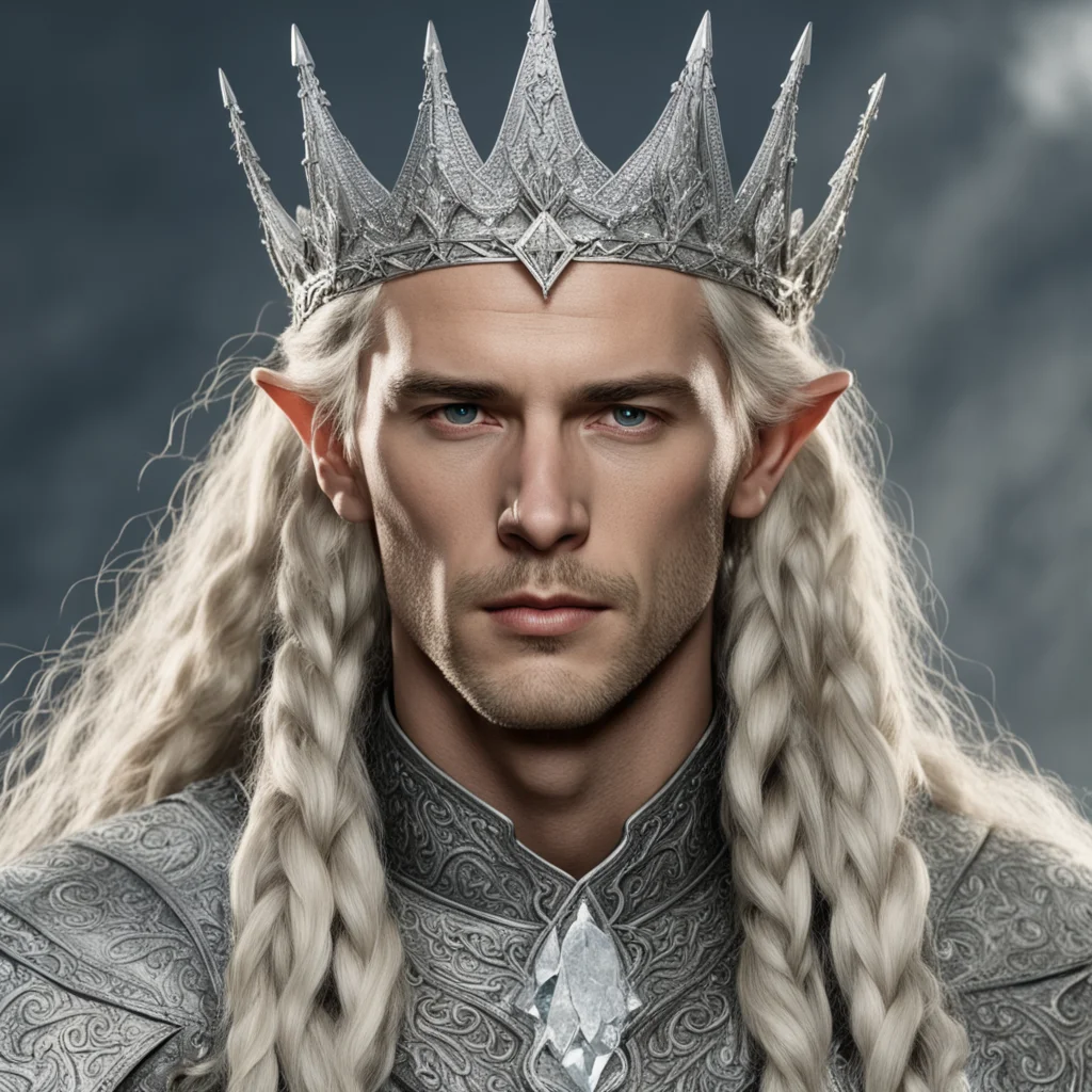 aitolkien king amdir with blond hair and braids wearing silver sindarin elvish crown encrusted with diamonds with large center diamond  good looking trending fantastic 1