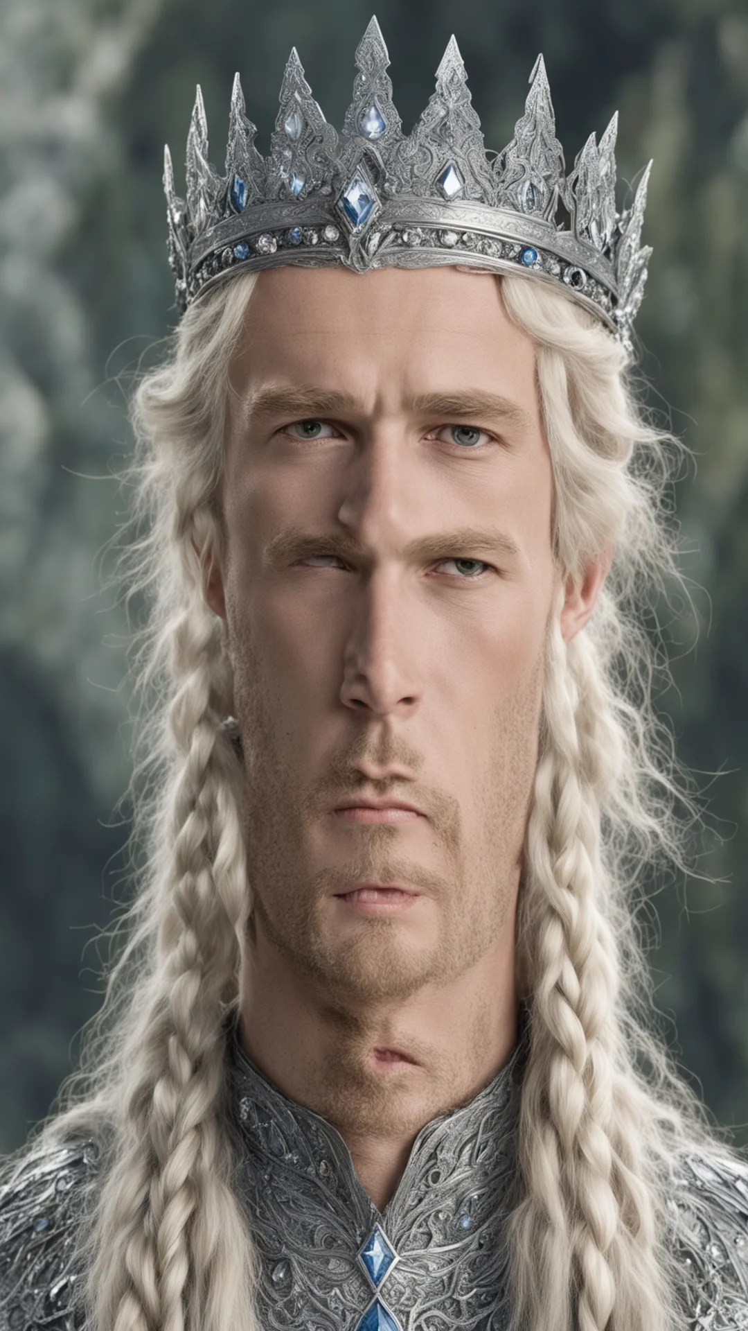 tolkien king amdir with blond hair and braids wearing silver sindarin elvish crown encrusted with diamonds with large center diamond  tall