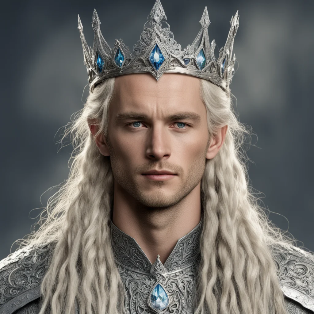 aitolkien king amdir with blond hair and braids wearing silver sindarin elvish crown encrusted with diamonds with large center diamond 