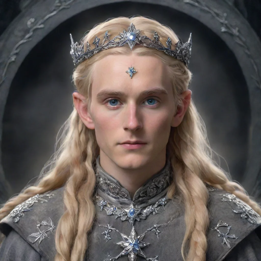 aitolkien king amdir with blond hair and braids wearing silver star flowers encrusted with diamonds to form a silver elvish circlet with large center diamond