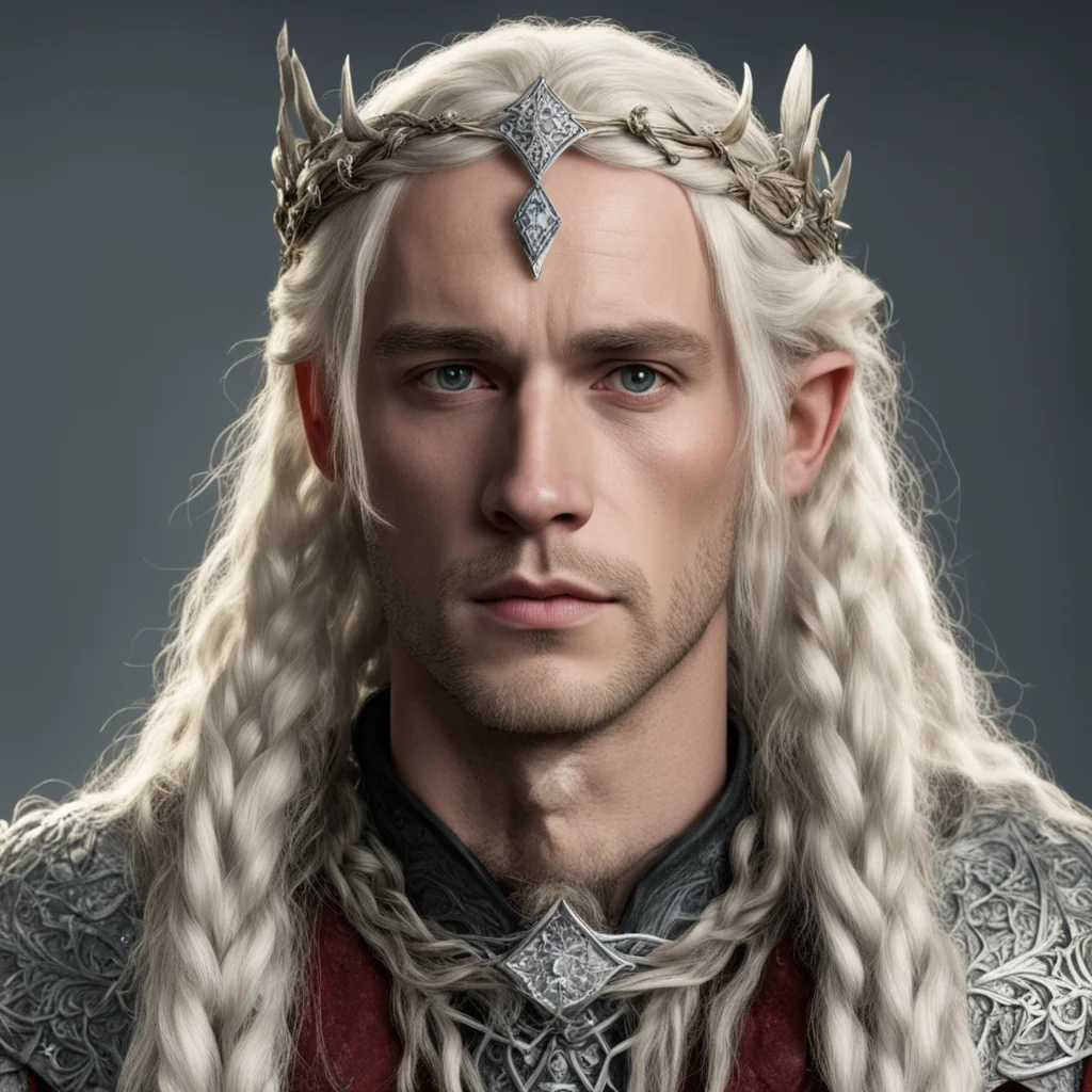 aitolkien king amdir with blond hair and braids wearing silver twig and diamond berry elvish circlet with large center diamond amazing awesome portrait 2