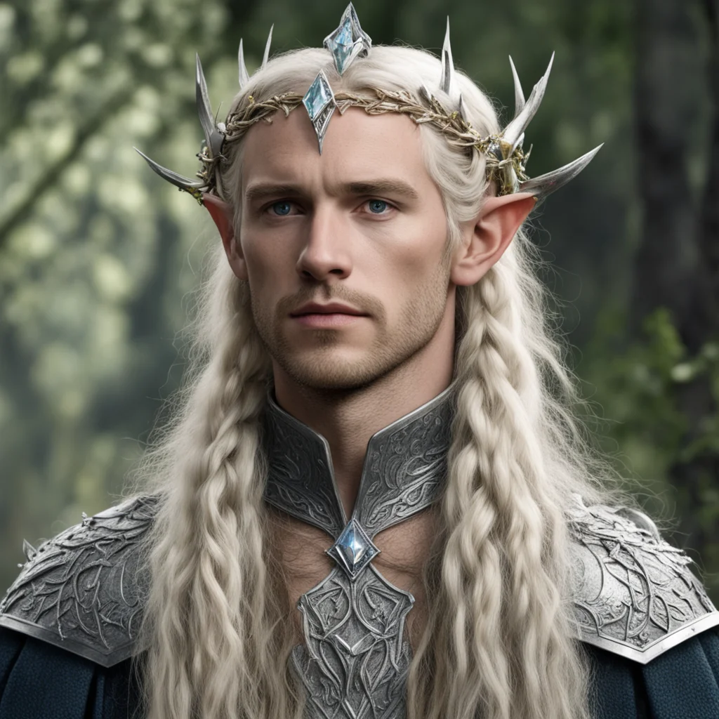aitolkien king amdir with blond hair and braids wearing silver twig and diamond berry elvish circlet with large center diamond confident engaging wow artstation art 3