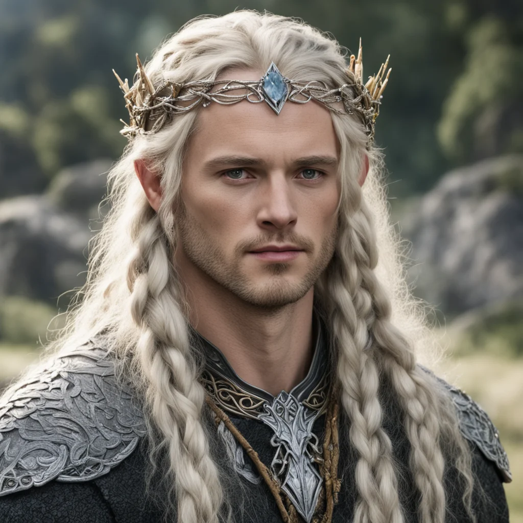 tolkien king amdir with blond hair and braids wearing silver twig and diamond berry elvish circlet with large center diamond
