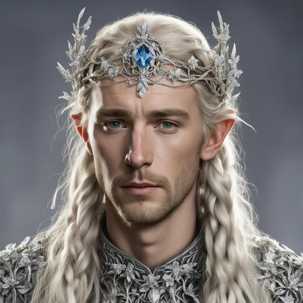 tolkien king amdir with blond hair and braids wearing silver twigs and silver flowers encrusted with diamonds to form a silver elvish circlet with large center diamond  amazing awesome portrait 2.we