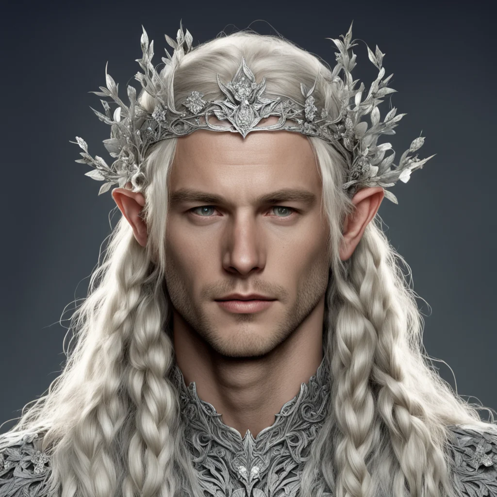 tolkien king amdir with blond hair and braids wearing silver twigs and silver flowers encrusted with diamonds to form a silver elvish circlet with large center diamond  confident engaging wow artsta
