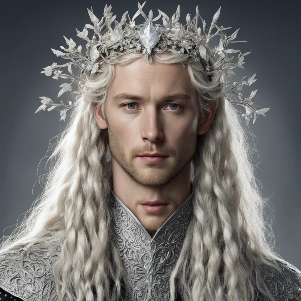 aitolkien king amdir with blond hair and braids wearing silver twigs and silver flowers encrusted with diamonds to form a silver elvish circlet with large center diamond 