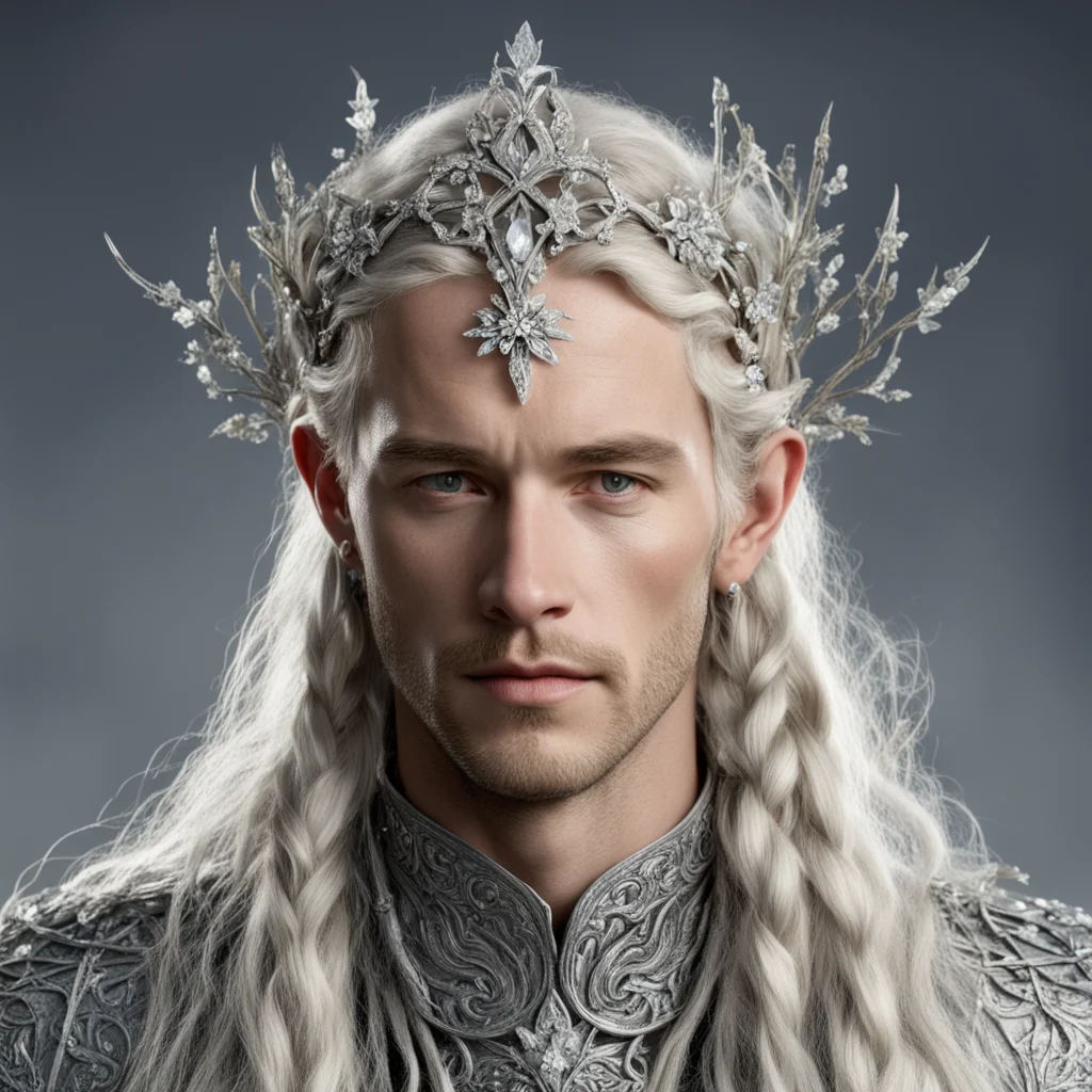 tolkien king amdir with blond hair and braids wearing silver twigs and silver flowers encrusted with diamonds to form a silver elvish circlet with large center diamond good looking trending fantasti