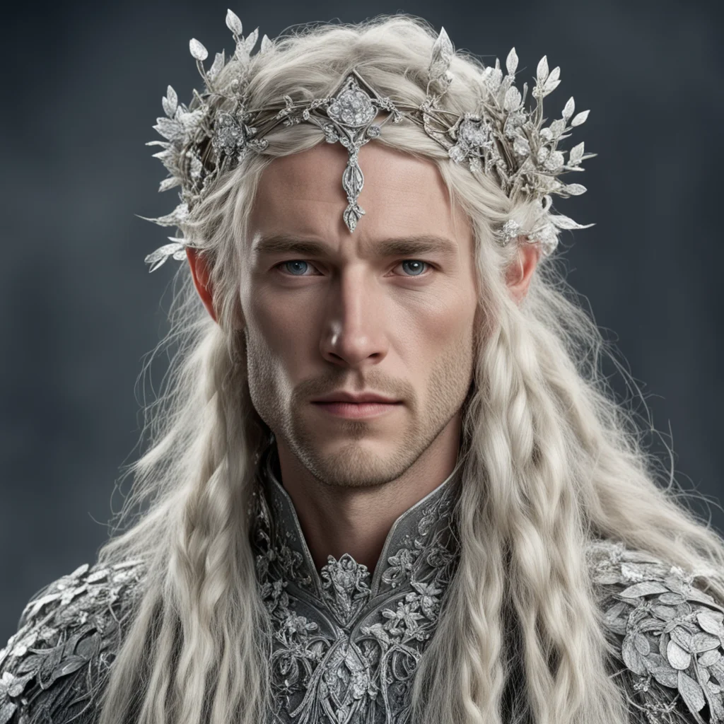 tolkien king amdir with blond hair and braids wearing silver twigs and silver flowers encrusted with diamonds to form a silver elvish circlet with large center diamond