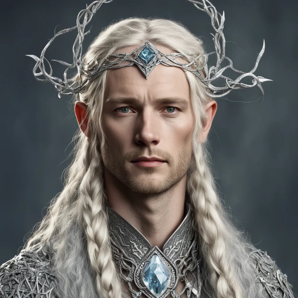 tolkien king amdir with blond hair and braids wearing silver twigs encrusted with diamonds intertwined to form a silver serpentine elvish circlet with large center diamond good looking trending fant