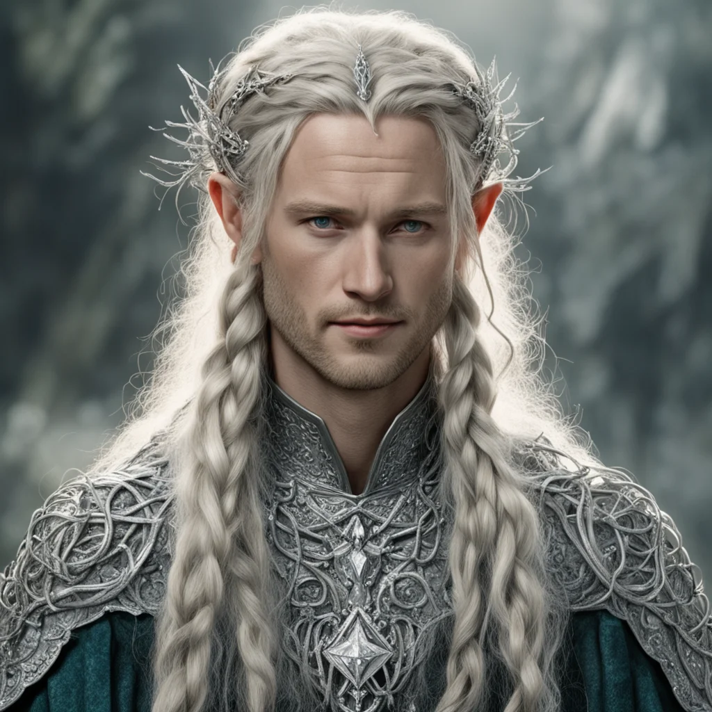 aitolkien king amdir with blond hair and braids wearing silver twigs encrusted with diamonds intertwined to form a silver serpentine elvish circlet with large center diamond