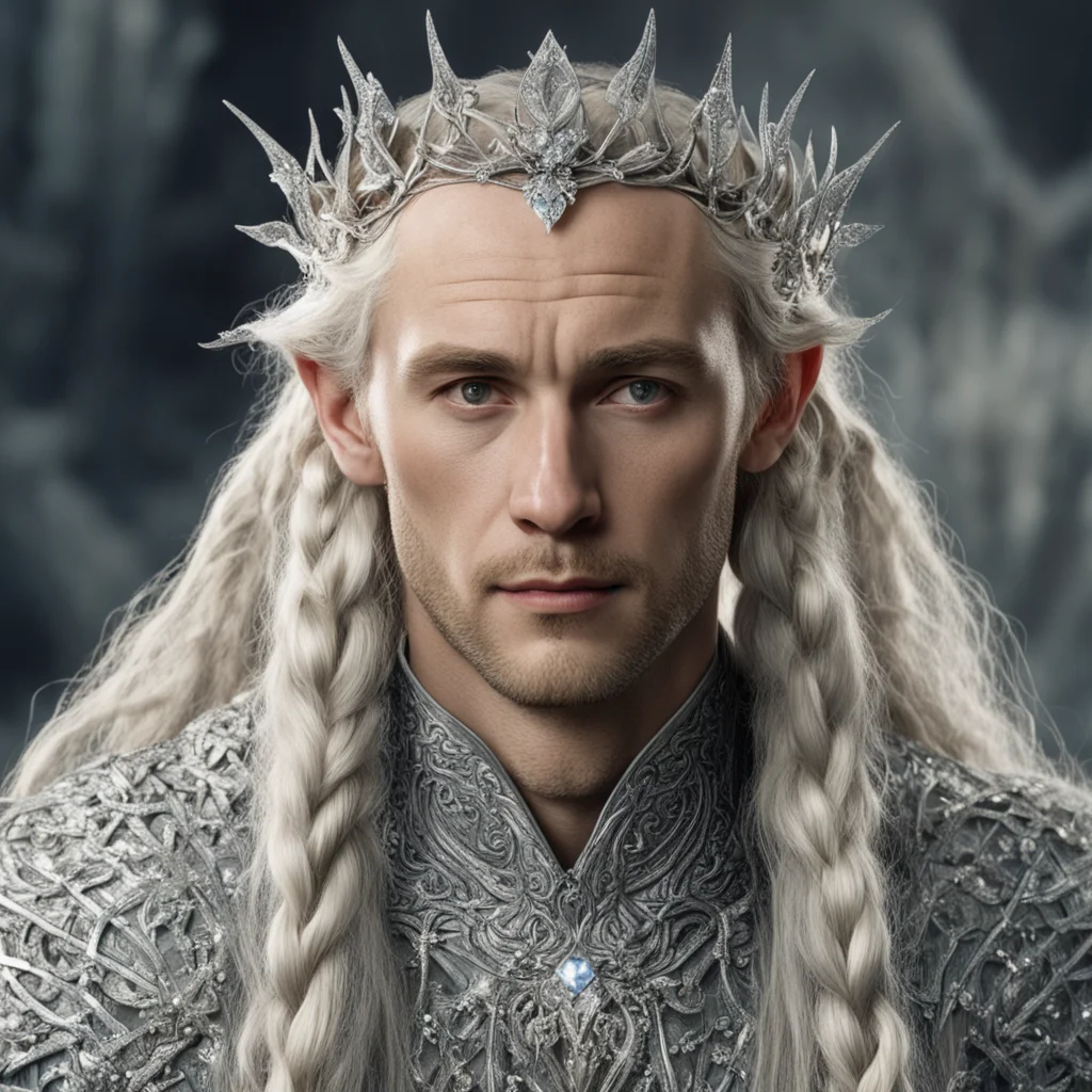 aitolkien king amdir with blond hair and braids wearing silver twigs encrusted with diamonds with large diamond clusters to form a silver elvish circlet with large center diamond